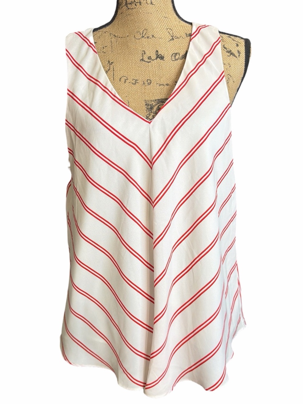 Cynthia Rowley White V-Neck Sleeveless Tank with Red Diagonal Stripes EC. Size M